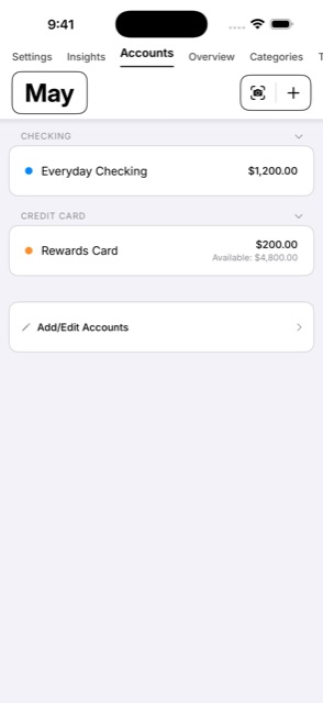 Marble Budget accounts screen showing checking and credit card balances