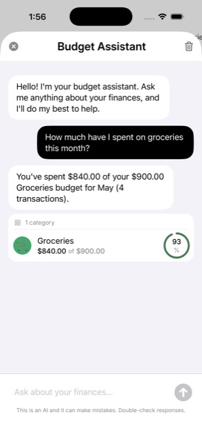 Marble Budget assistant answering a groceries spending question