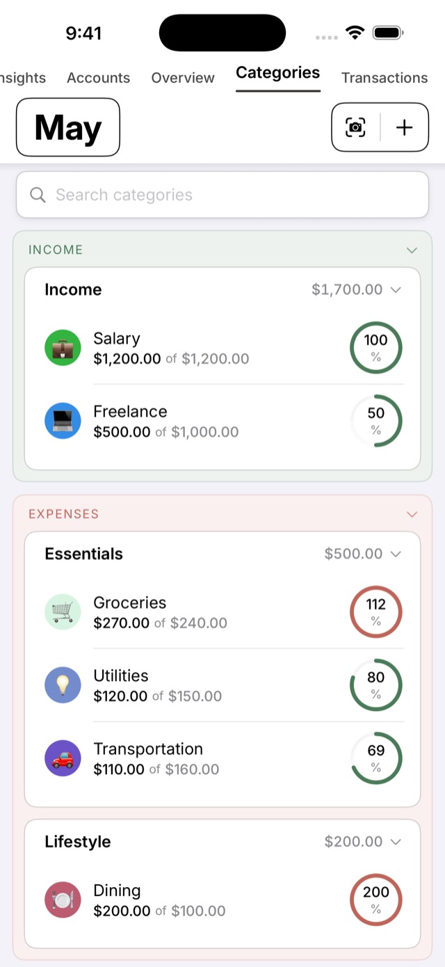 Marble Budget categories screen showing income and expense groups with category progress circles